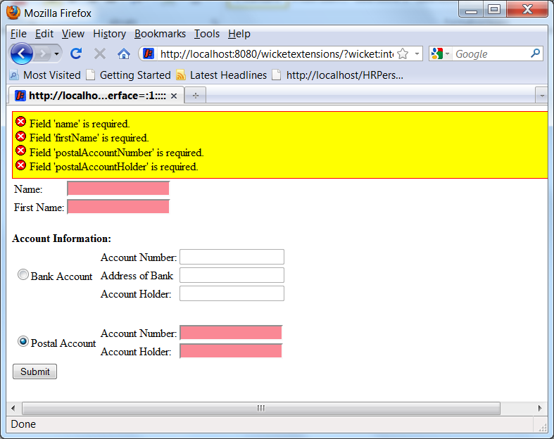 Figure 5: Showing validation errors for the postal detail fields.