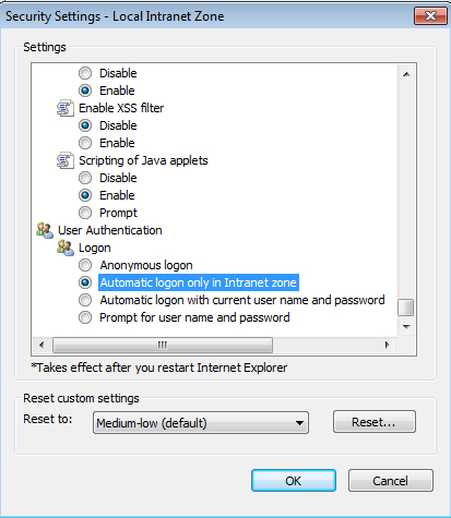 Figure 5: Set automatic login in intranet zone